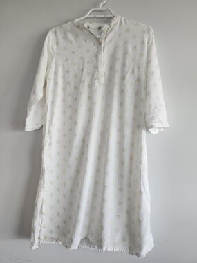 White Cotton Tunic Dress-Shirt with Gold Motif (From India!)